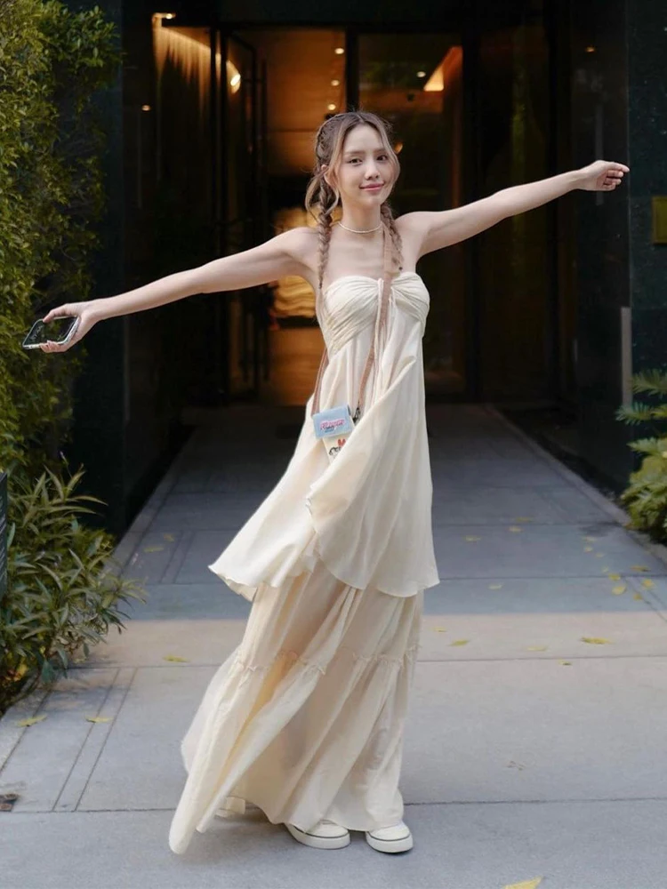 로맨틱 빈티지 비치 바캉스 스트랩 드리프팅 롱 드레스 새로운 디자인 센세이션 A라인 스커트 여름 시즌 V넥 드레스