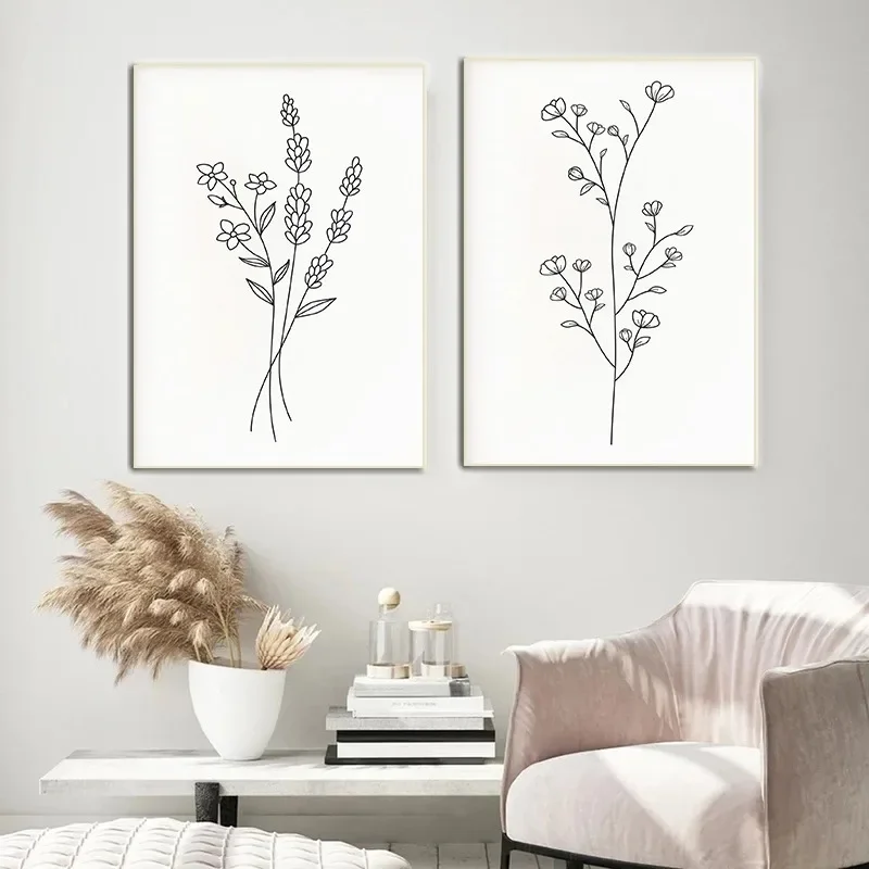 Minimalist Line Art Flower Bouquet Botanical Poster Black and White Wildflower Canvas Painting Wall Art Living Room Home Decor