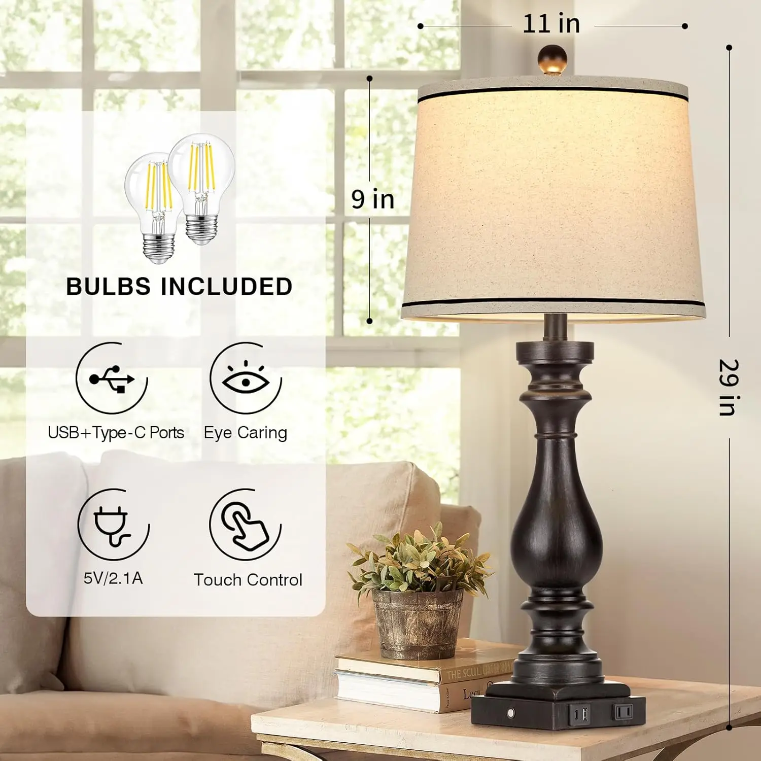29' Tall Table Lamp Set of 2, Farmhouse Vintage Bedside Lamps with USB-C + A Ports & AC Outlet, 3-Way Dimmable Touch Control