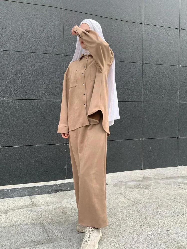 Middle East Muslim Autumn Temperament Women\'s Skirt Set Bat Sleeve Shirt Pocket Button Decoration Elastic Waist Loose Dress Sets