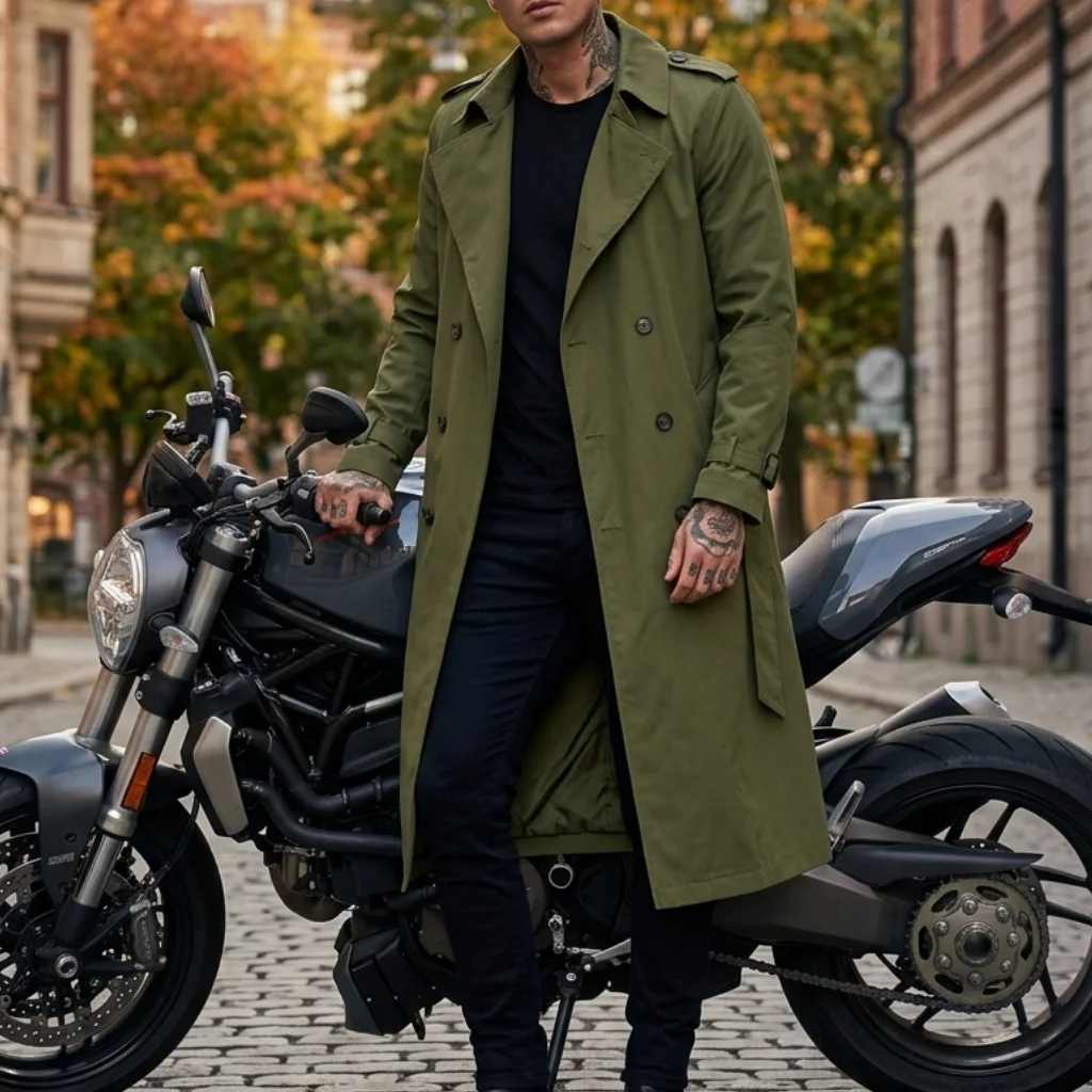 

New Spring Men's Streetwear Trench Coat Lightweight Overlong with Epaulets Designer British Style, Street to Casual Perfect Fit