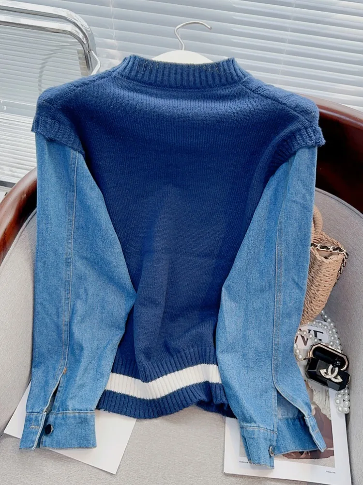 Denim patchwork sleeves Sweater Women\'s Autumn Spring New Loose Korean Version Letter Tide Ins Casual