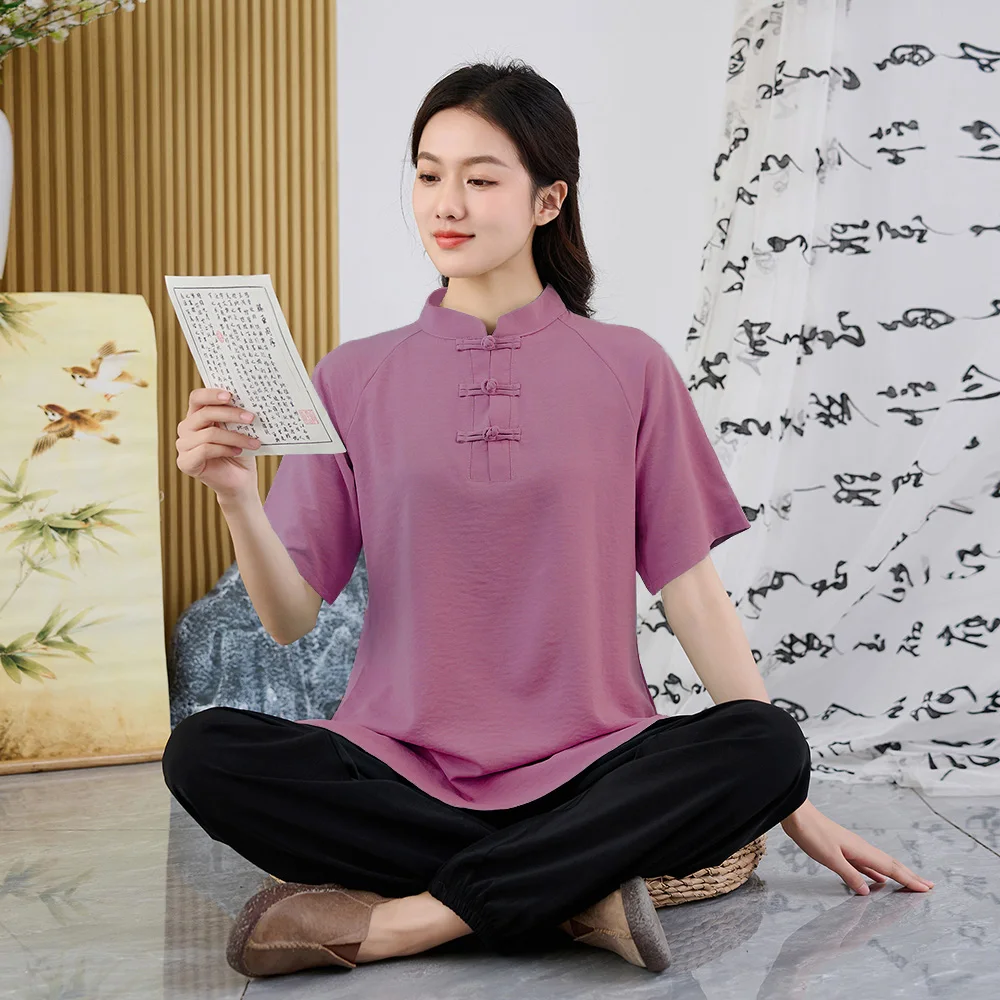 

New Chinese Sle Loose Fit Pure Cotton Tai Chi Top Women's Martial Arts Practice Clothing Large Size T-irt Summer New Arrival