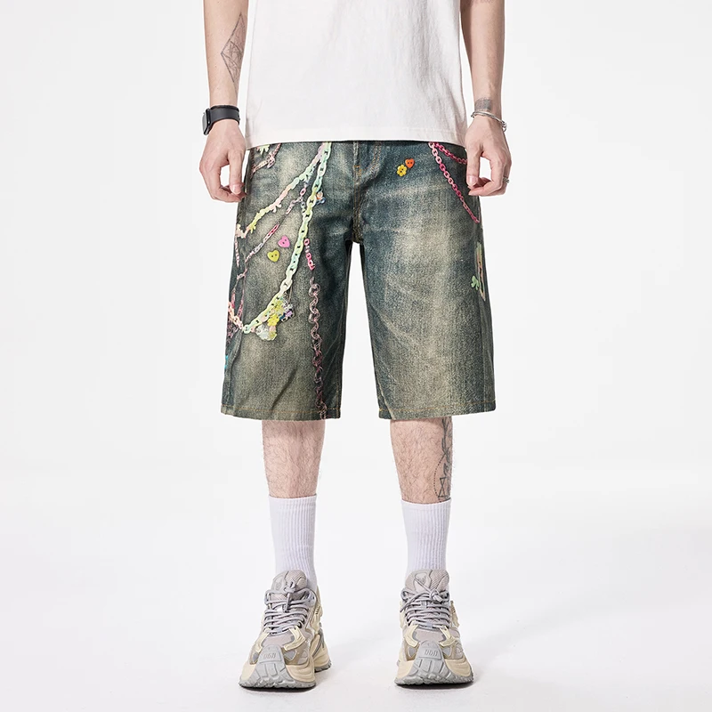 

American Retro 3D Candy Chain Print Loose Fit Straight Leg Jeans orts Men's Design Sense Waed Five Parts Pants