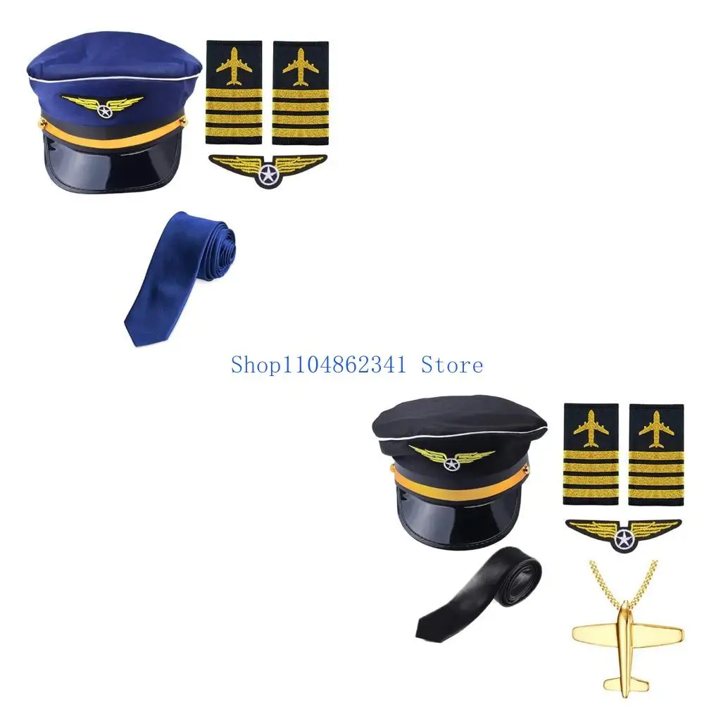 

5asd Airline Captain Outfits with Hat Uniform Epaulets Flight Attendant Costume Set