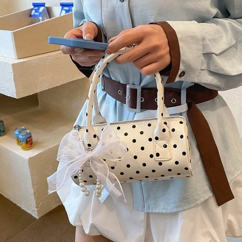 

Women's Cute Polka Dot Mini Cylinder Handbag with Bow , Casual Style for Daily Use, Shopping, Dating, Commuting and Short Trips