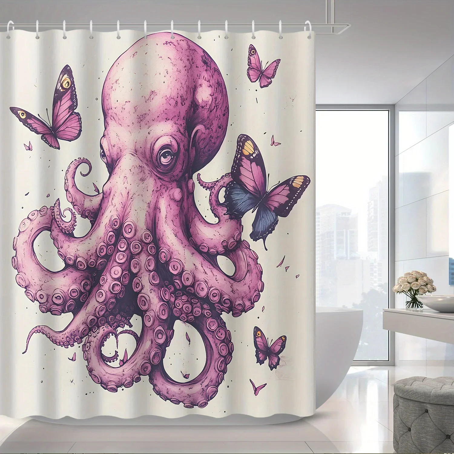 1pc Summer Ocean Theme, Retro Pink Big Octopus Sea Monster And Pink Butterfly Bathroom Shower Curtain with 12 Hooks 180x200cmVVV