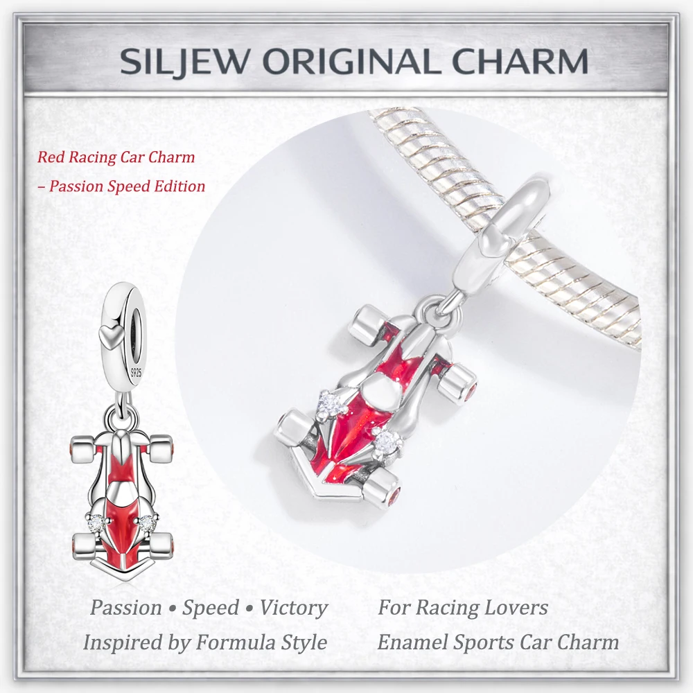 

SilJew S925 Silver Racing Car Dangle Charm Red Blue Sports Car Pendant Bead Fit Pan Bracelet DIY Jewelry Gift for Racing Lovers