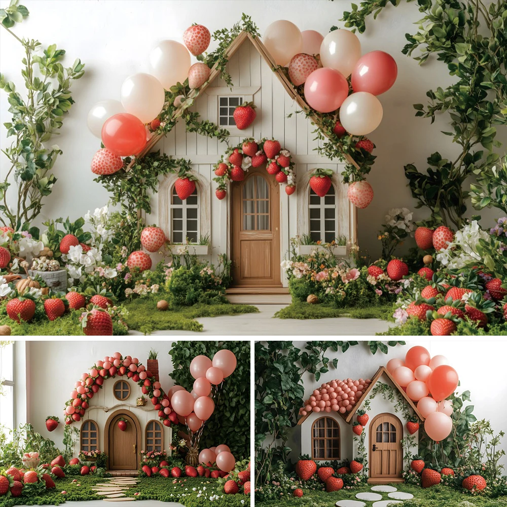

Strawberry Girl Birthday Party Photo Background Berry Sweet Girl 1st One Birthday Vintage Wood Cabin Baby Portrait Backdrop Prop