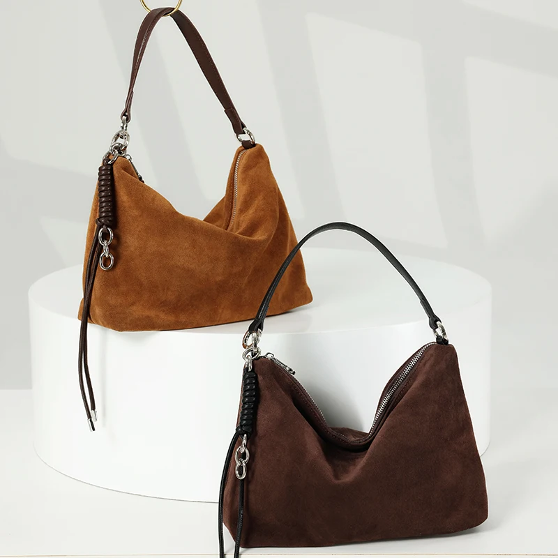 

Winter Ladies Soft Frosted Cow Leather Durable Shoulder Bag Female Retro Handbag Women Suede Cow Leather Luxury Designer Bag