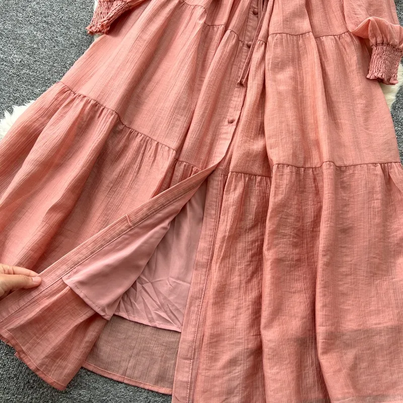 Retro Mode Lässiges Langarm-Hemdkleid Damen Locker Geschnittenes Langes Kleid