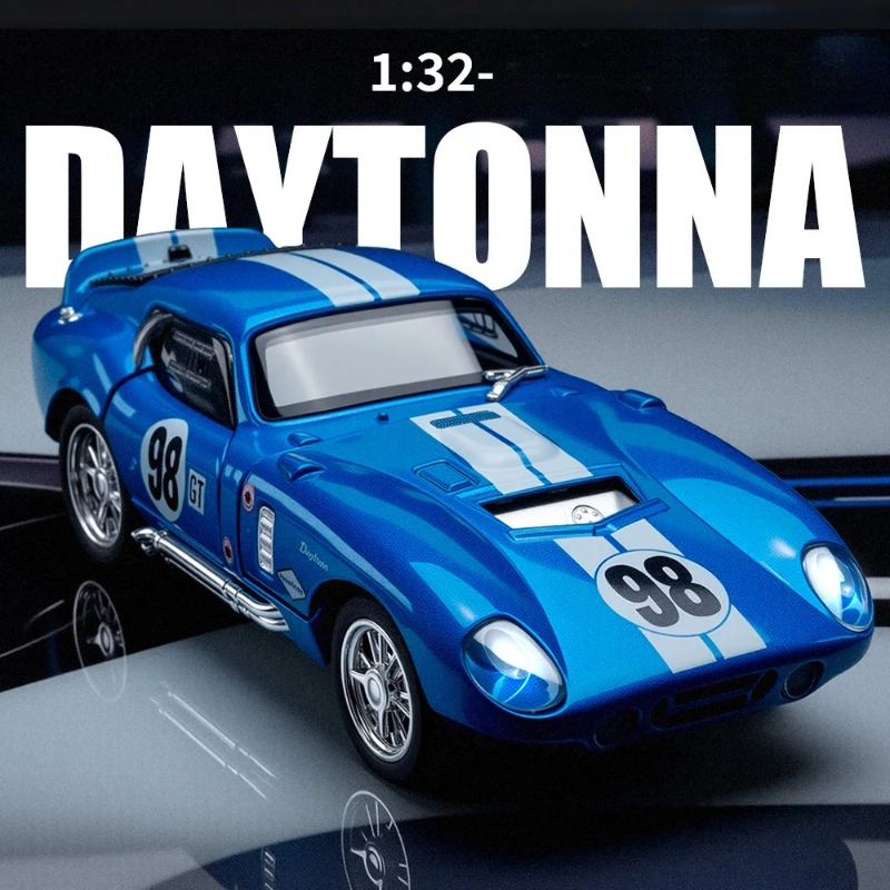 

Модель спортивного автомобиля Cobra Daytona 1:32, литая из металла, со звуком и светом, имитация автомобиля, украшение, игрушка, подарок