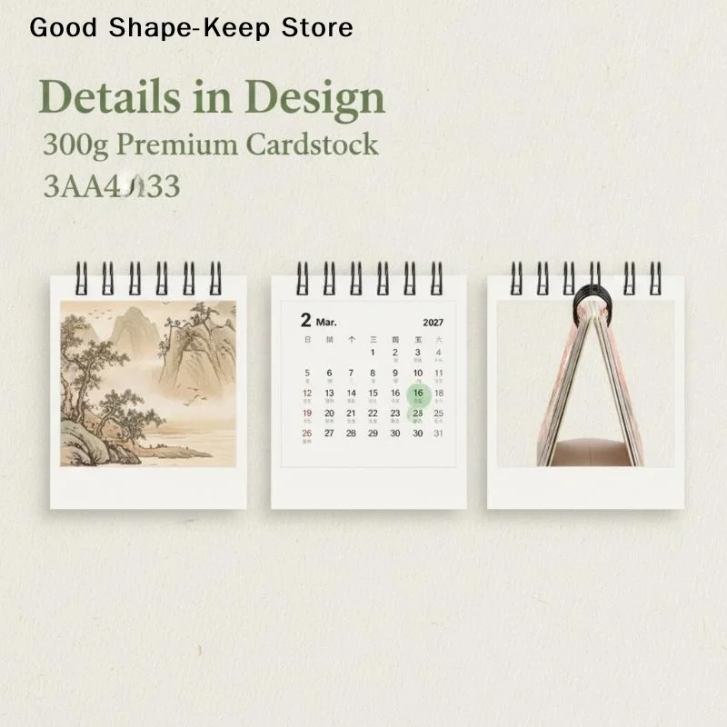 Mini 2027 Spiral Desk Calendar Traditional Chinese Aesthetic Clear Print Portable Pocket Planner for Daily Schedule Management