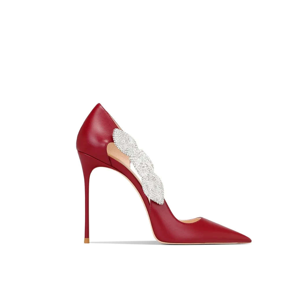 

2025 Spring New Pointed Toe White Leather Rhinestone Bow Stiletto Heels Women Shoes