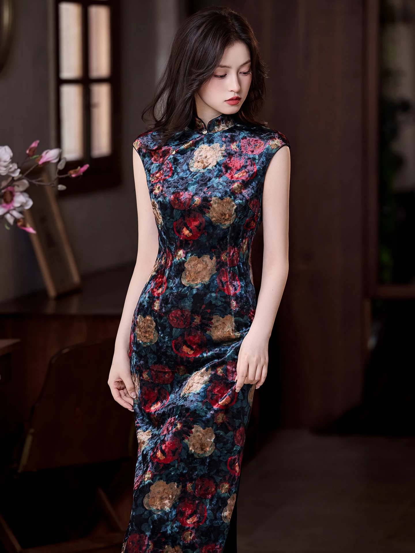 

Молодежное ретро-платье в китайском стиле, длинное ципао, винтажный цветочный принт, высокое качество, для повседневной носки