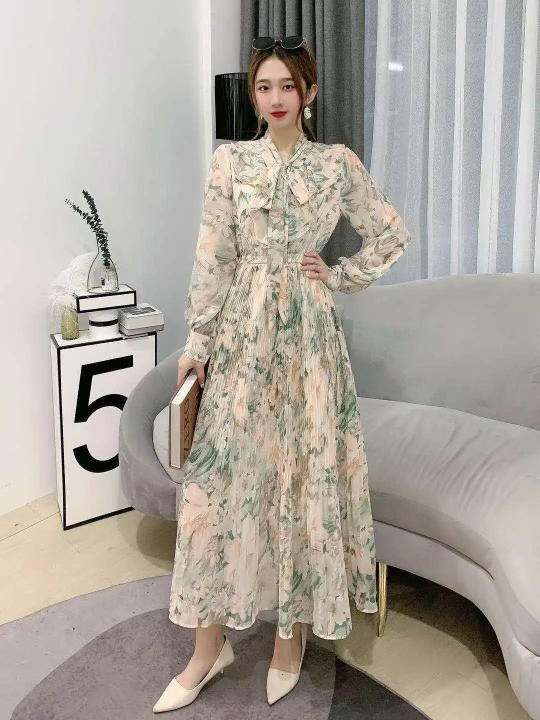 

Pleated Dresses Long Sleeve O Neck Pullover Print Women Ankle Length Dress Loose Folds Vestidos Casual Basics 2024 Summer