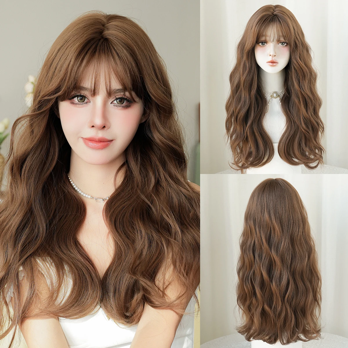 7JHH WIGS Lange Wasserwellen-Perücke in Honigbraun für Frauen, Hochwertige Synthetische Hitzebeständige Modische Perücke zum Sofortigen Tragen mit Gepflegtem Pony
