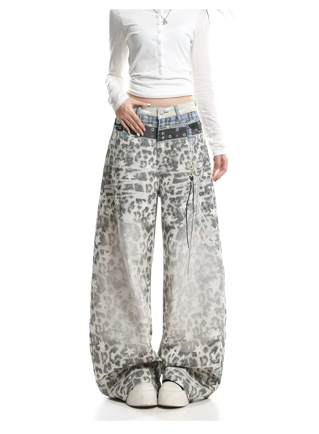 Retro Baggy American 3D Double Waist Leopard Print Jeans Loose Wide Leg Casual Trendy Couples Jeans Women's Men's Design Sense