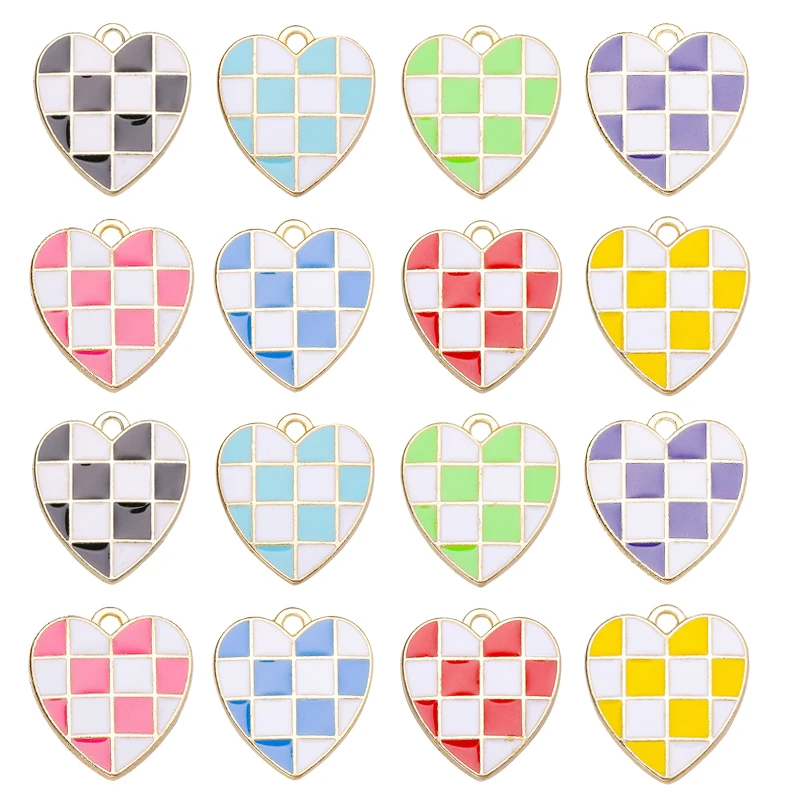 10Pcs/Lot 16*17mm Heart Check Enamel Pendants Earrings Necklaces Bracelets Charm For Jewelry Making DIY Making Accessories Craft