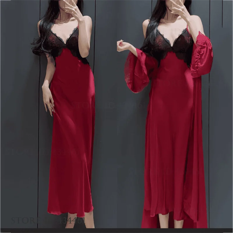 Elegant Women Long 2PCS Robe Set Female Sleepwear Sexy Patchwork Lace Nightgown Lingerie Summer Silk Satin Home Dress Loungewear - Image 5
