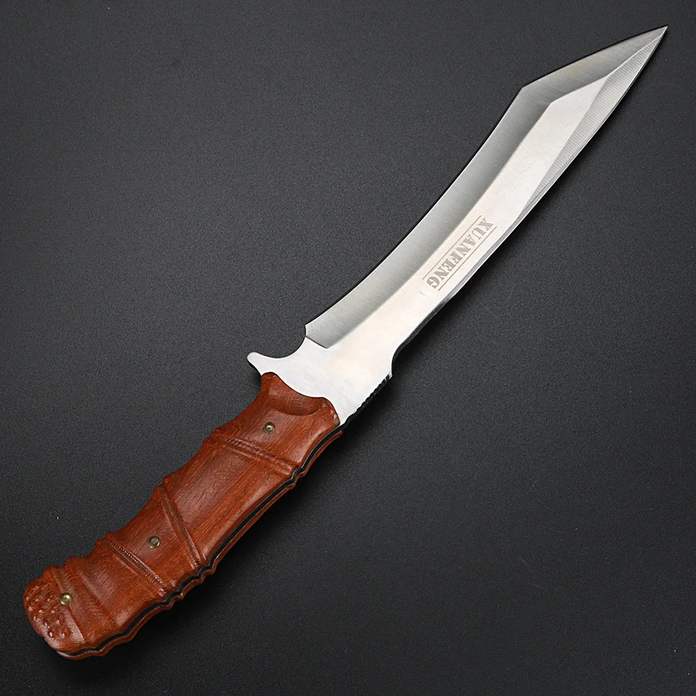 Wooden handle high-quality hunting knife outdoor survival straight blade D2 steel fixed blade knife including leather case