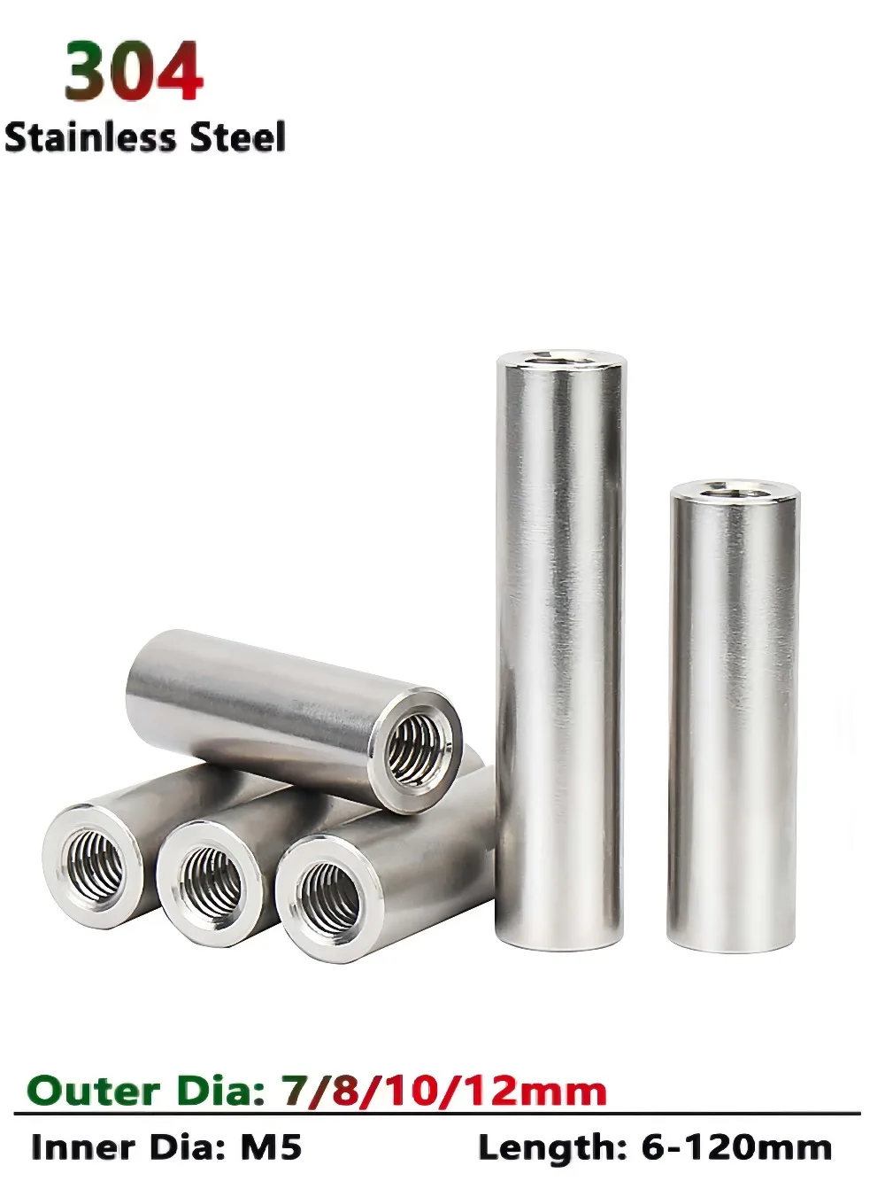 M5 304 SS Double End Pin OD7-12mm Internal Thread Cylindrical Dowel Positioning Rod 6-120mm Length CNC Hardware