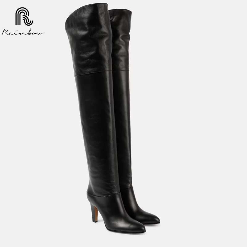 RAINBOW 33–46 Rindsleder über dem Knie, hohe Stiefel für Damen, echtes Leder, High Heels, Schuhe, Winter 2022, schlanke, lange Rittermode