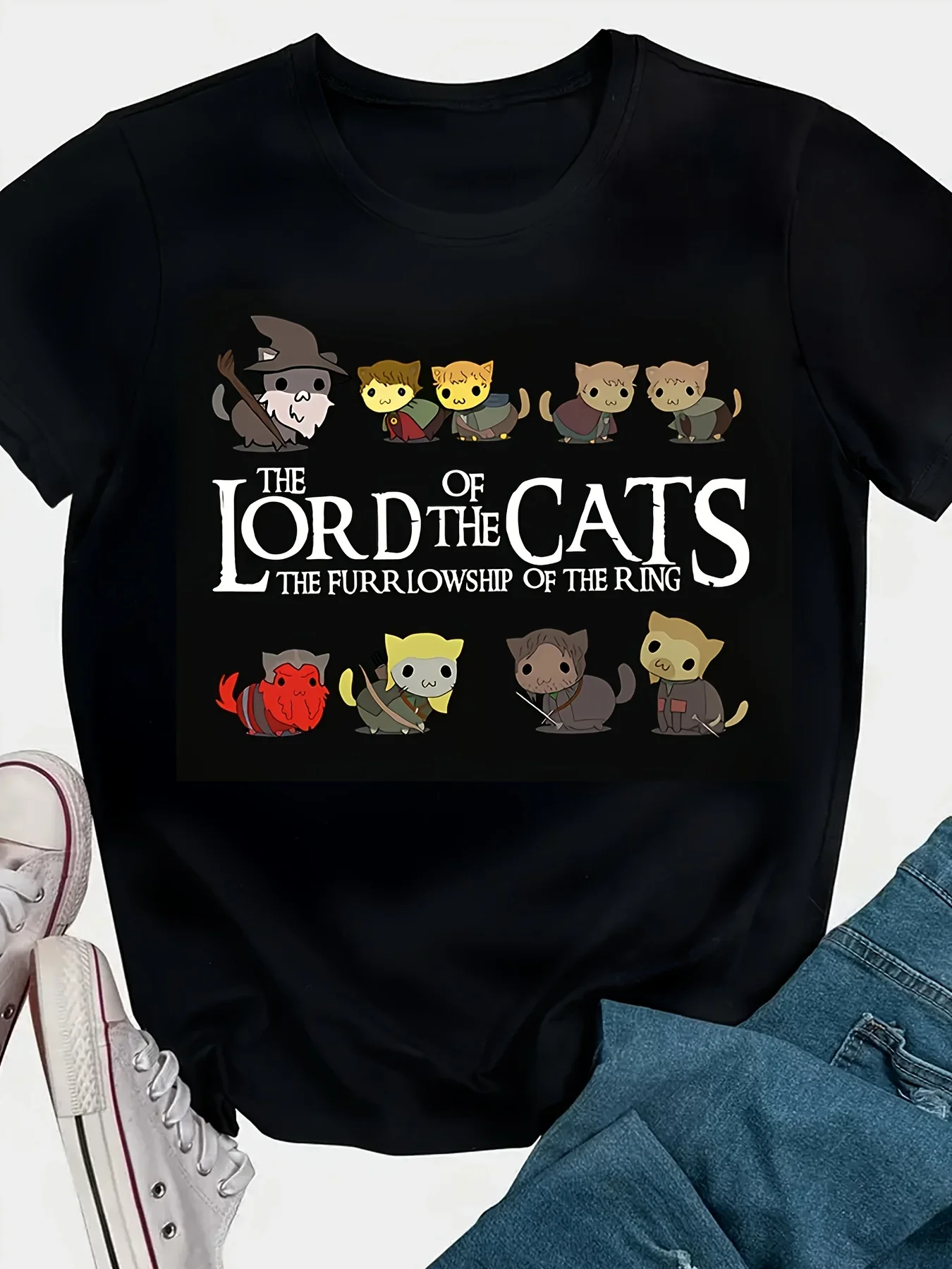 Women's Casual Short Sleeve T-Shirt The Lord of the Cats Fantasy Cartoon Print Round Neck Tee with Whimsical Cat Characters