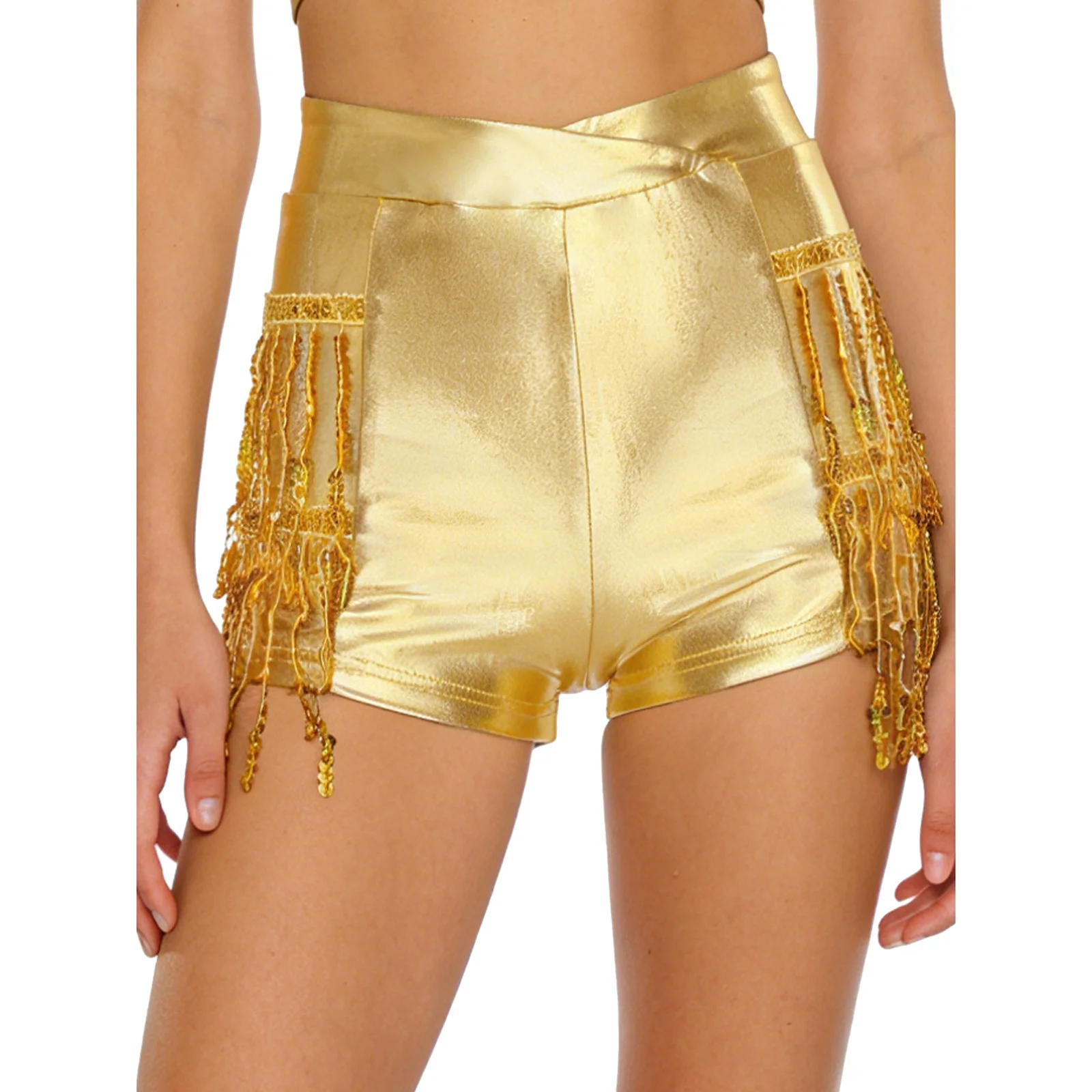 Damskie metaliczne, błyszczące krótkie spodenki do tańca latynoamerykańskiego, disco, jazzu, zdobione frędzlami, mikro szorty do rumby, tanga, tańca na rurze, spodnie sceniczne.