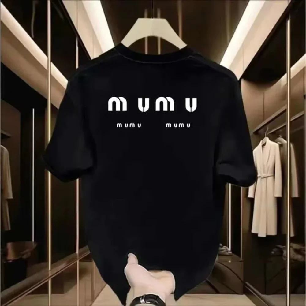 2025 Summer Miu Wind Short Sleeve T-shirt Cotton Men and Women Chest Letter Printing Loose Fashion New Fashion Brand Explosive