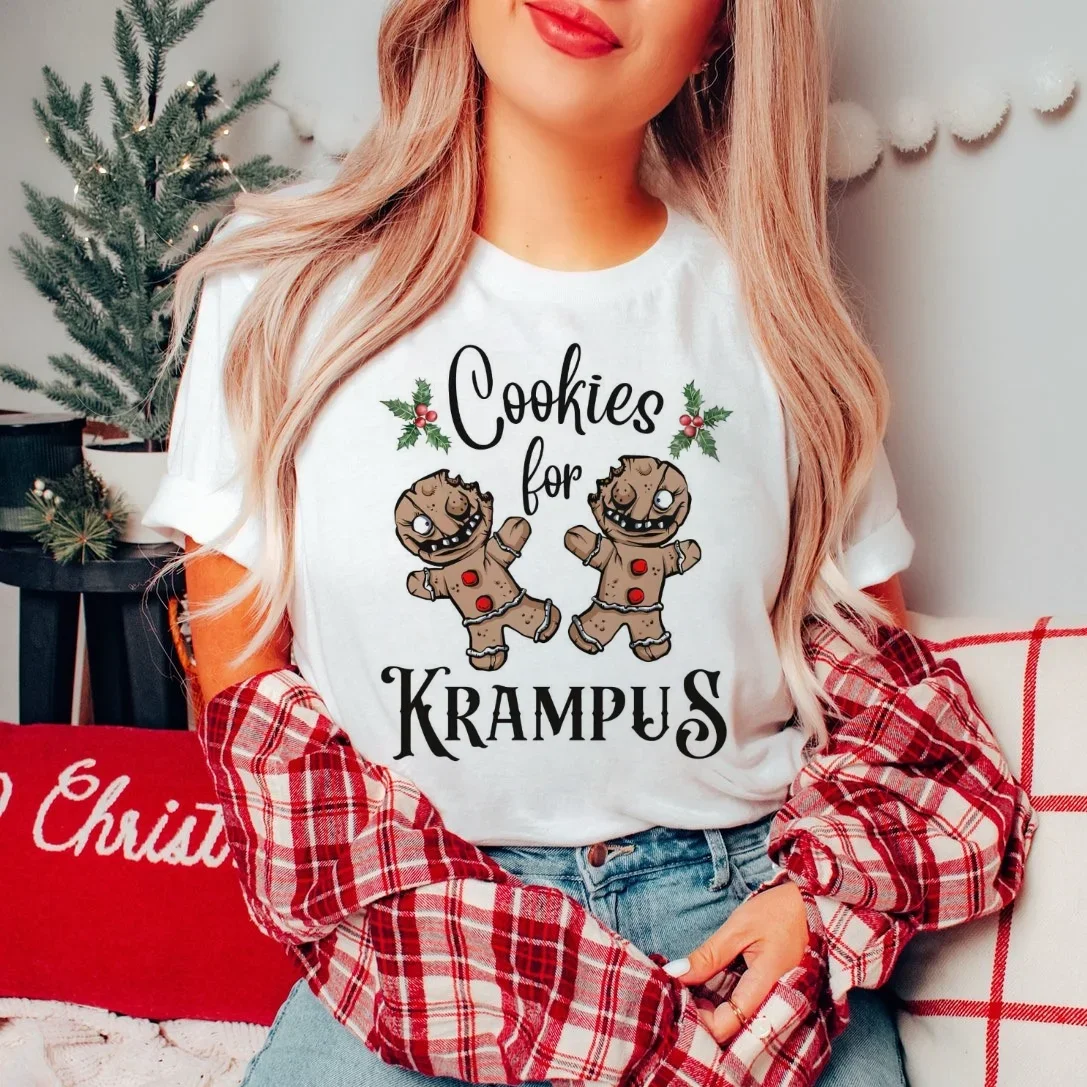 Cookies For Krampus Creepy Gingerbread Man Fun Trendy Style Women's Pattern T-Shirt Short Sleeve Women's Christmas T-Shirt