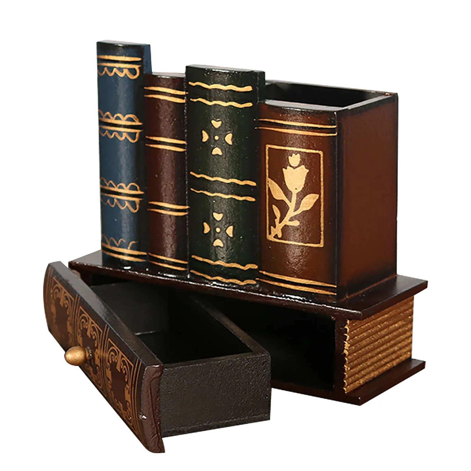 

1pc Wooden Pen Holder Vintage Fake Book With Drawer Desktop Stationery Organizer For Office Home Study Room Tabletop Storage
