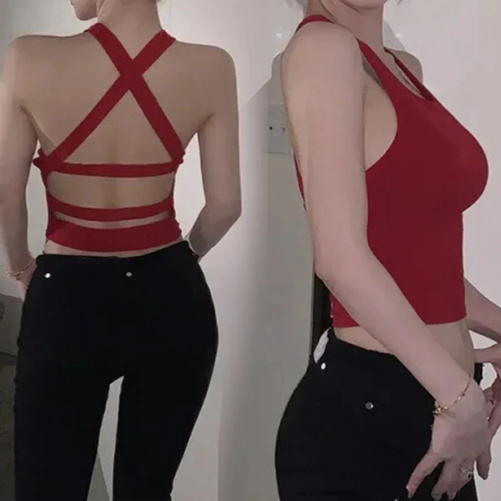 

Daily Casual Style Red Backless Camisole Versatile Daily Wear Camisole Breast Pads All Seasons Wear Casual Style