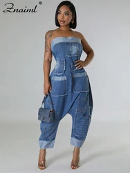 Znaiml Streetwear Denim Strapless Jumpsuits Cargo Pants Women’s Sleeveless Off Shoulder High Waist Pockets One Pieces Overalls