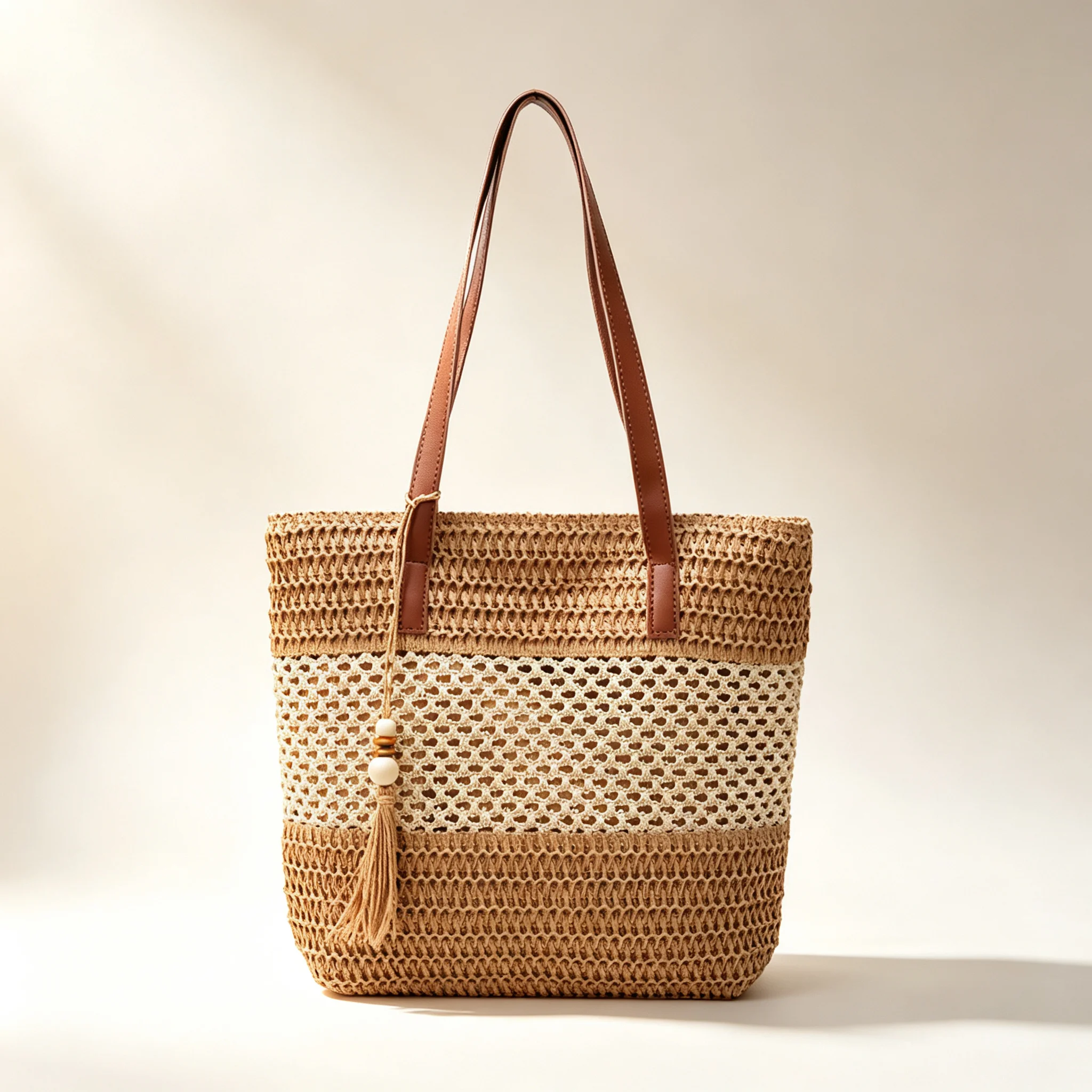 Women Straw Woven Tote Bag Large Capacity Beach Vacation Shoulder Bag Boho Country Style Casual Commute Handbag for Summer Use