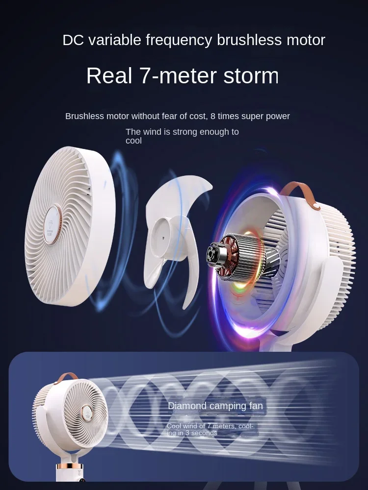 Ventiladores circulantes para acampada, ventilador portátil de viento alto para suelo, carga de cabeza agitadora, súper larga resistencia, refrigeración de verano