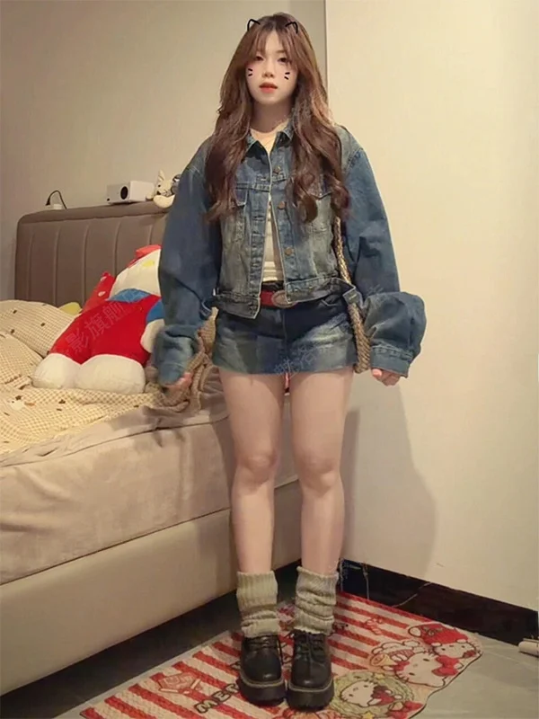 Slimming Effect American Retro Hot Girl Denim Set Loose High Waist Short Skirt Pants Two Piece Set Spring Autumn Fashion