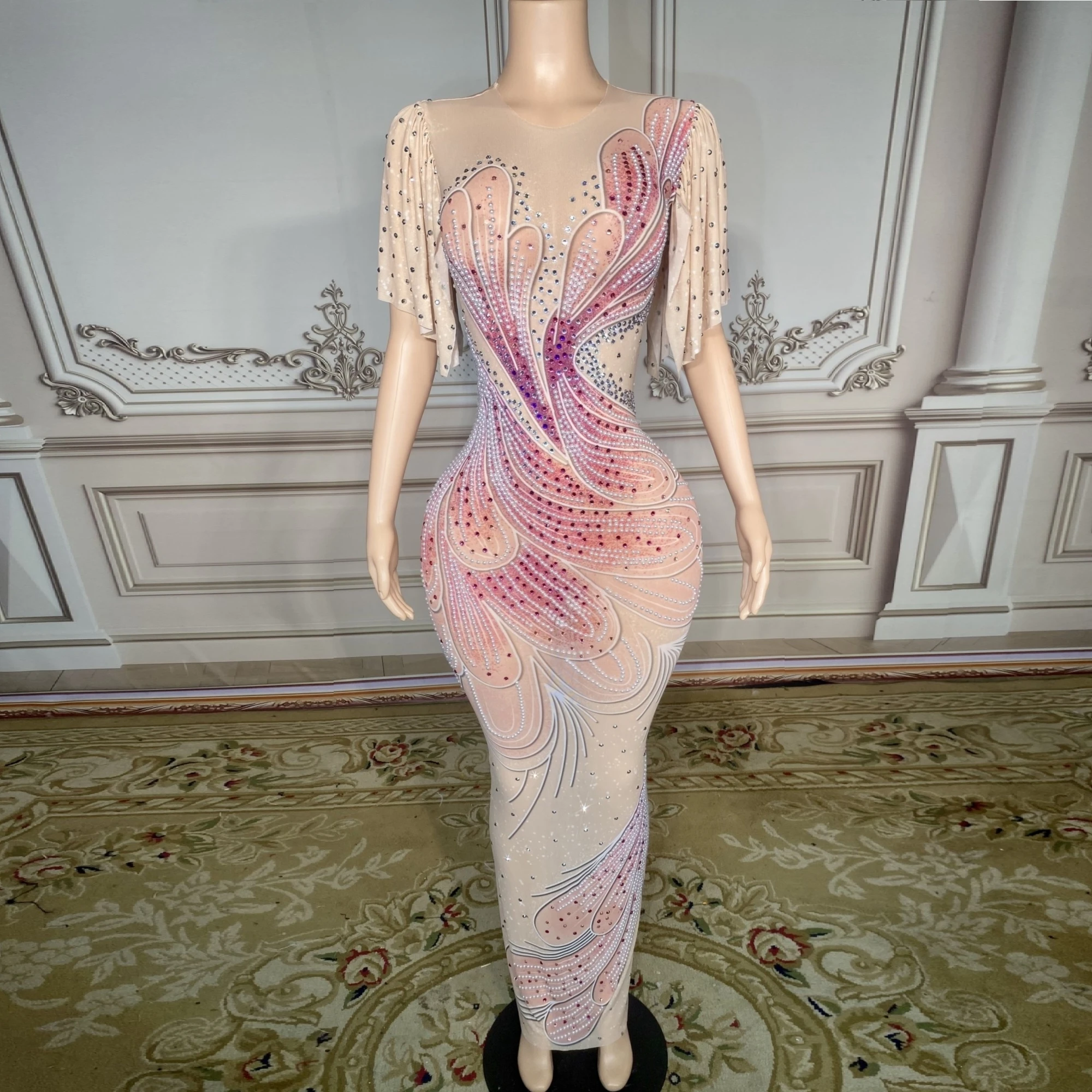 

Sexy See Through Ladies Short Sleeve Bodycon Midi-Length Dress Pink Color Birthday Evening Party Dress Singer Show Stage Costume