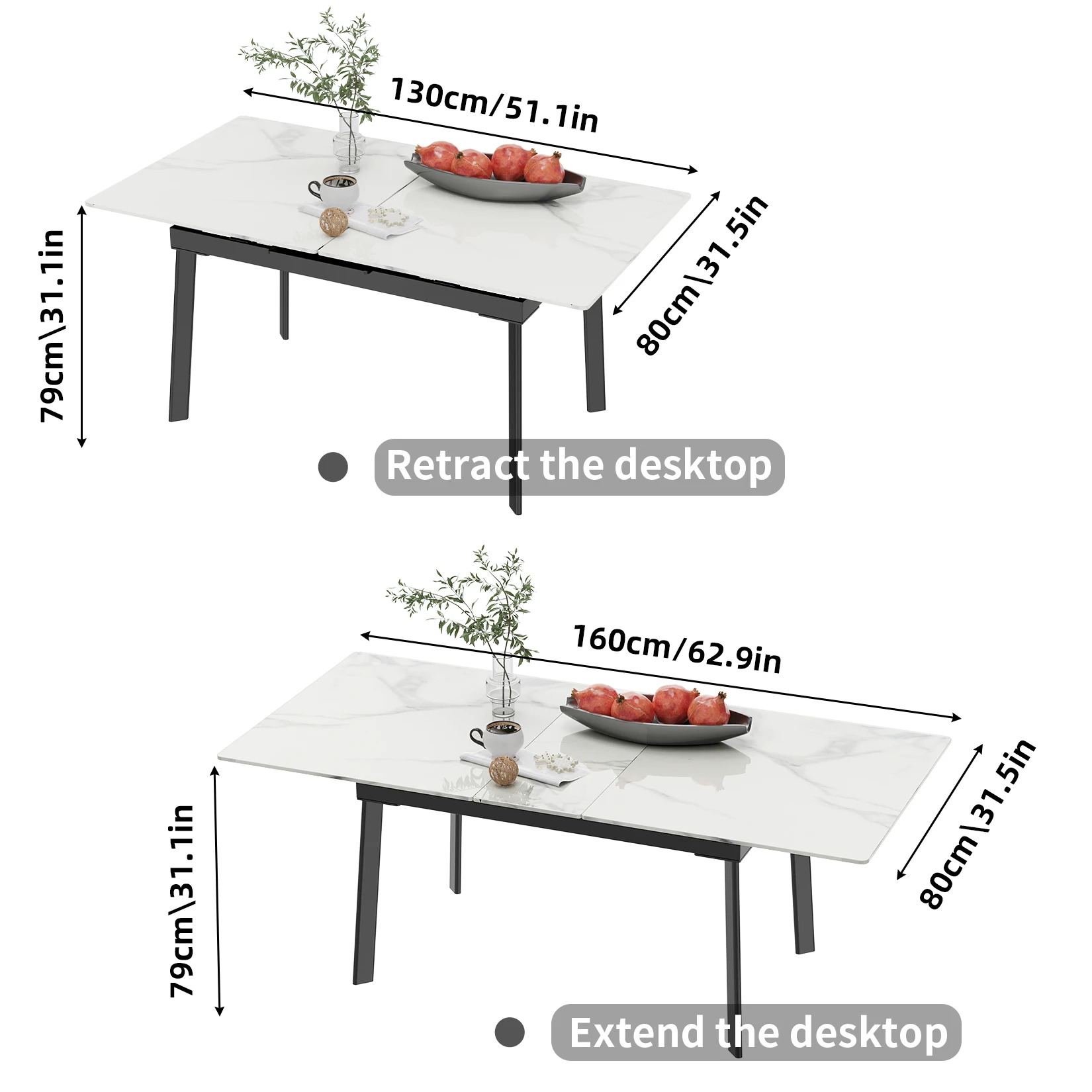 160cm 6-8 People Modern Dining Table Rectangular Kitchen Dining Table Space-Saving Expandable Dining Table Metal Frame