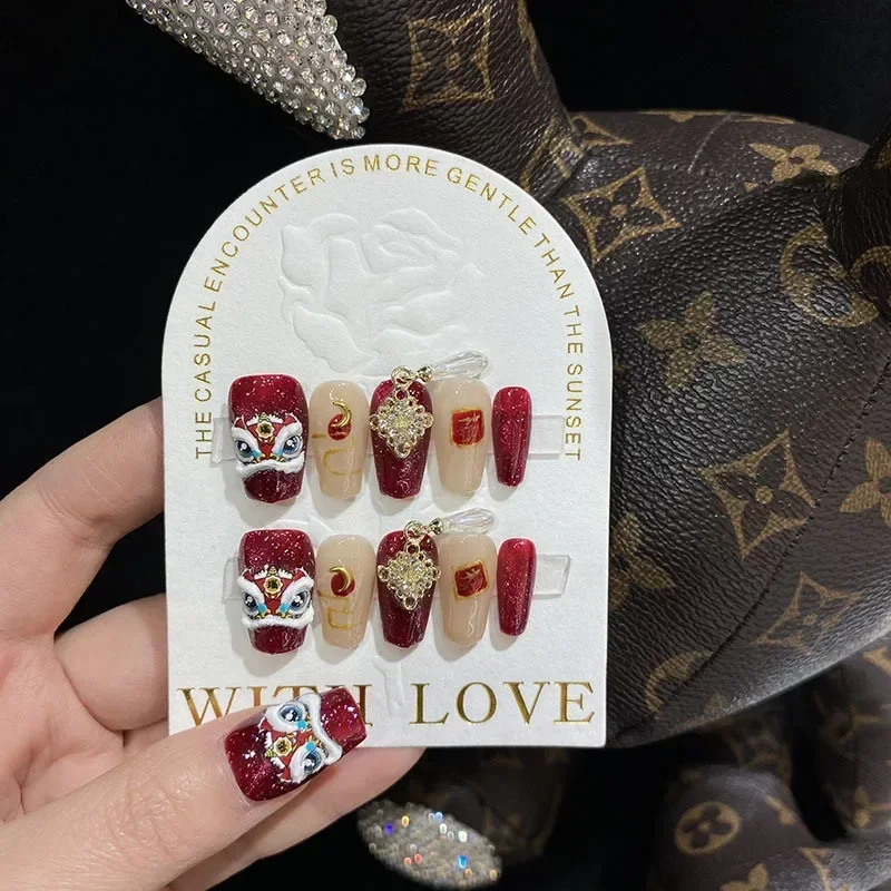 Cat eye Waking lion handmade Wearable Fake Nail Cblessing Word False Nails Festival Red Colour Chinese New Year Nail Decoration