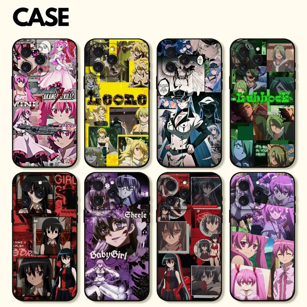 حافظة هاتف أنيمي Akame Ga Kill غلاف أسود لهاتف آيفون 17/16/15/13/14 Pro Max/ 11 Plus/X/Xr/Xs Max/12 نماذج متوافقة صغيرة