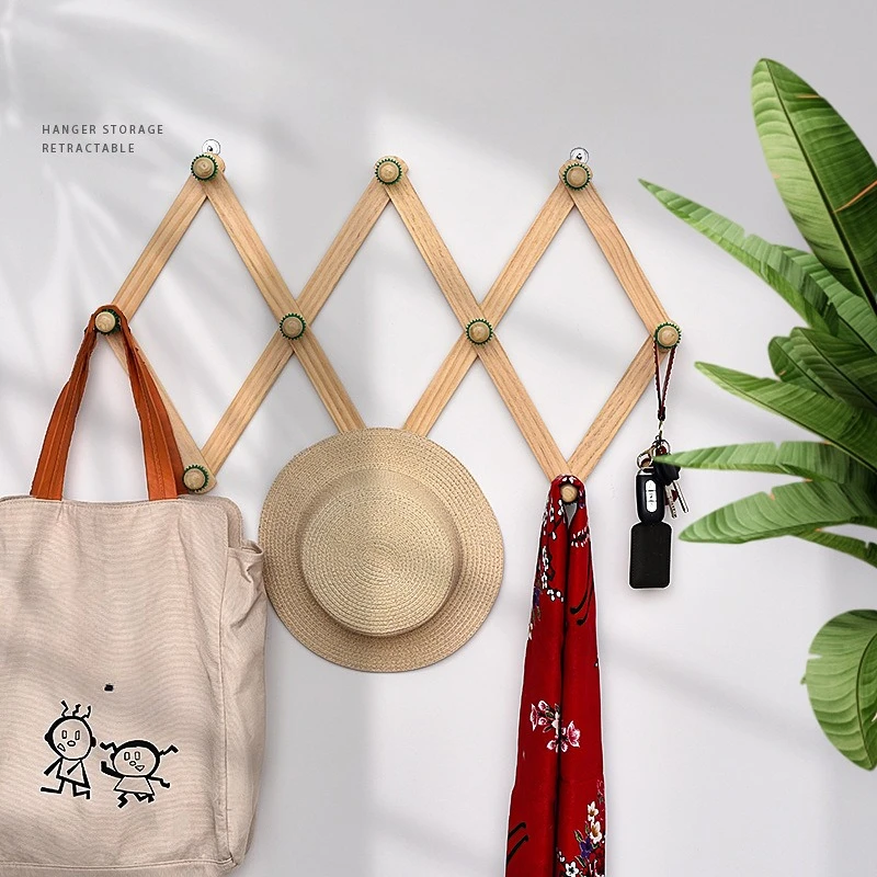 1PCS Multi Peg Expandable Folding Wooden Coat Hanger Slim  Wall Mount Holder for Bedroom Door Clothes Small Bag Organization