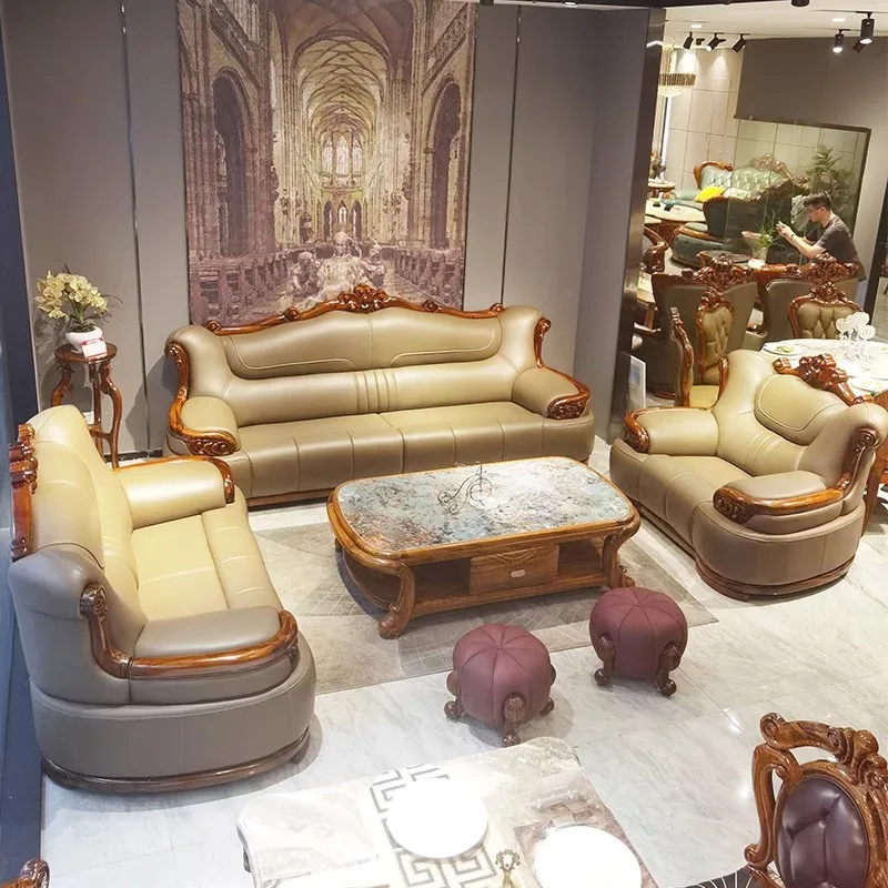 

New Chinese ebony sofa first layer cowhide Nordic large apartment living room combination leather solid wood villa