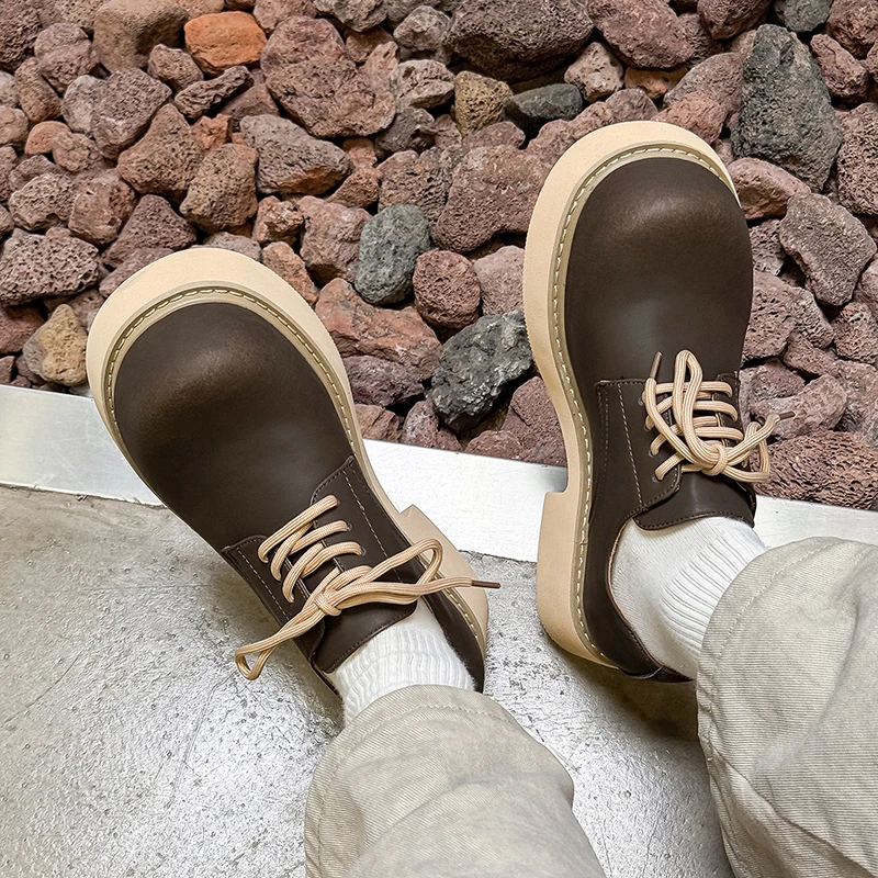 

Size 38-48 Fashionable Men Derby Shoes Men Casual Comfortable Thick-soled Workwear Shoes Large-head Retro Couple Leather Shoes