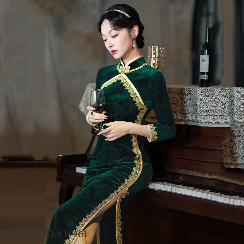 

Plus Size Velour Long Cheongsam Sexy Lace Split Qipao Lady Classic Chinese Style Dress Slim Vestidos Evening Party Dress Gown