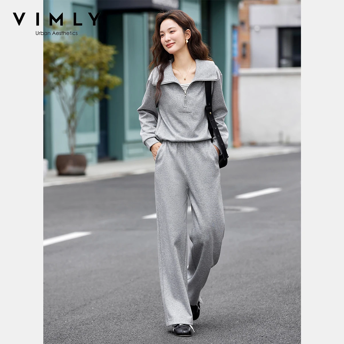 

VIMLY Women's Grey Sports Pant Suits Fall 2025 Turn-down Neck Knit Sweatshirts Straight Pants Two-piece Ladies Pant Sets A2133