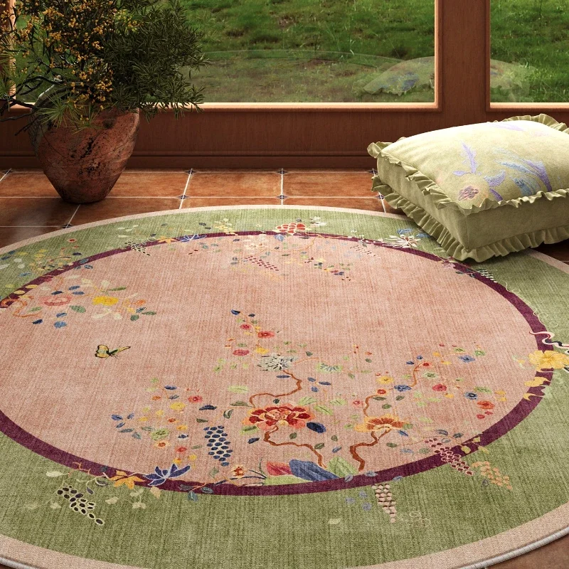 Flower Pattern Carpets for Living Room Retro Style Bedroom Decor Round Carpet Washable Lounge Floor Mat Anti-slip Study Soft Rug