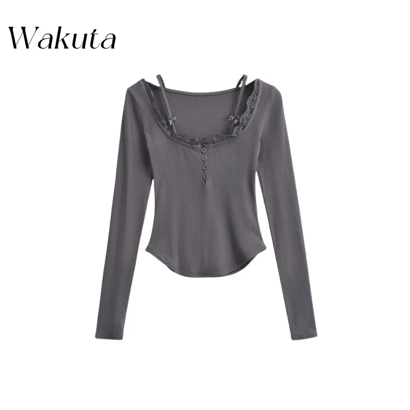 

WAKUTA Korean U Collar Halter Pure Desire Wind Lace Lace Long-sleeved T-shirt Chest Buttons Hem Slim Bottoming Shirt Y2K Clothes