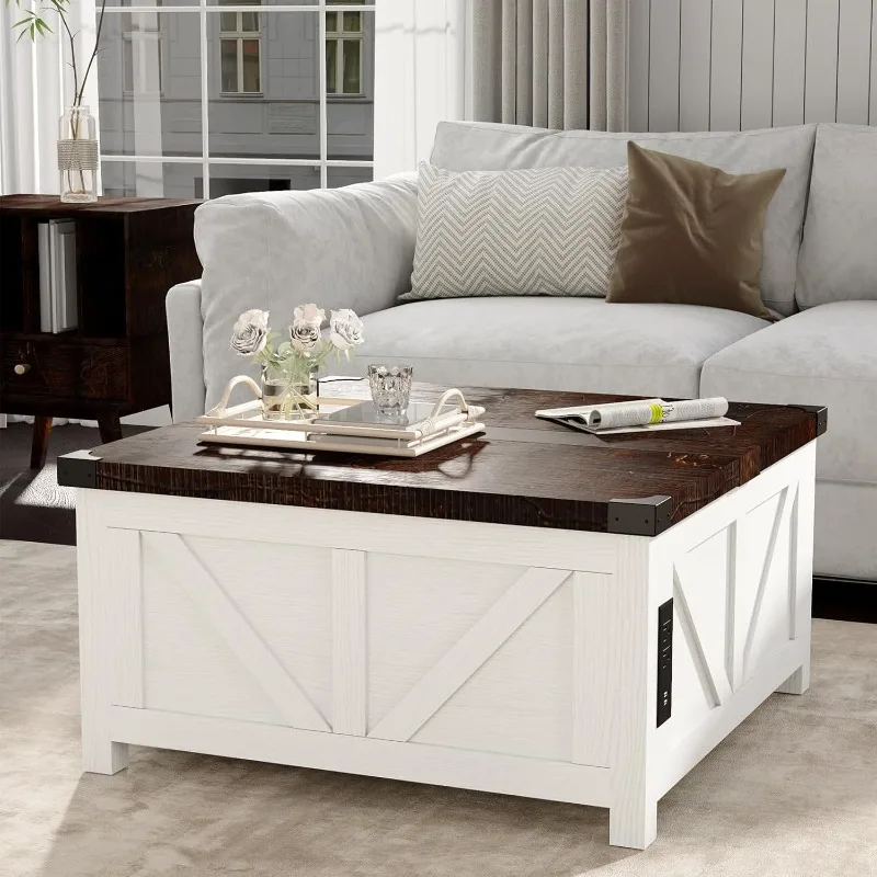 Lift Top Coffee Table with Storage, Wood Square Center Table Charging Station&USB Ports, Living Room Central