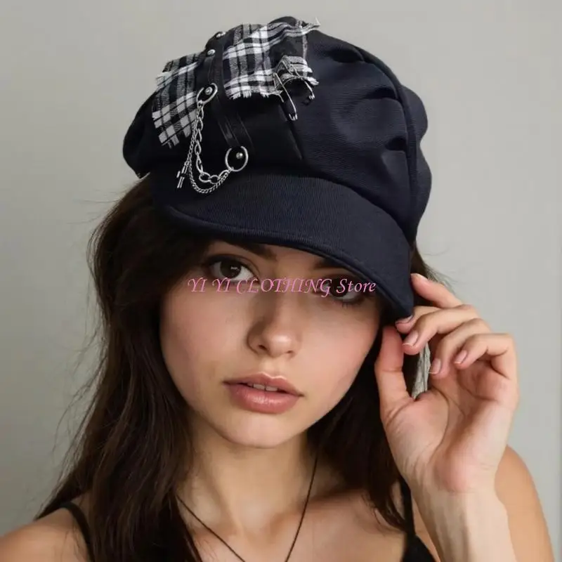 N5KF Hat Painter Hat with Tartan Metal Chain for City Walk Hat British Hat